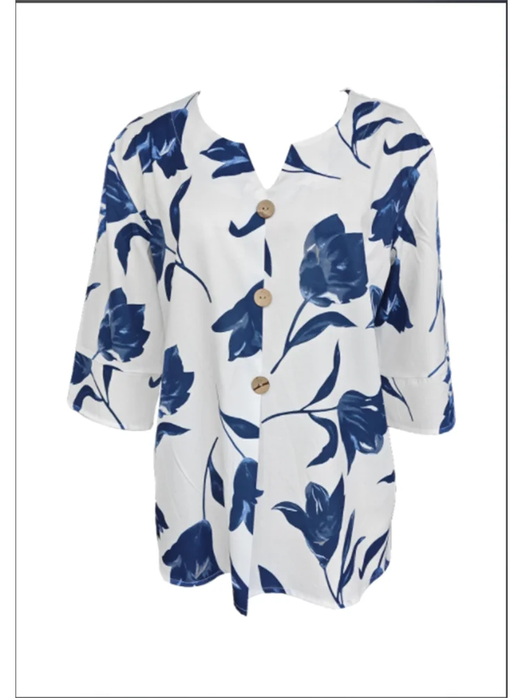 White Printed Long Sleeve Blouse Lady V-Neck Button Up Shirt Elegant Temperament Fashion Autumn Top