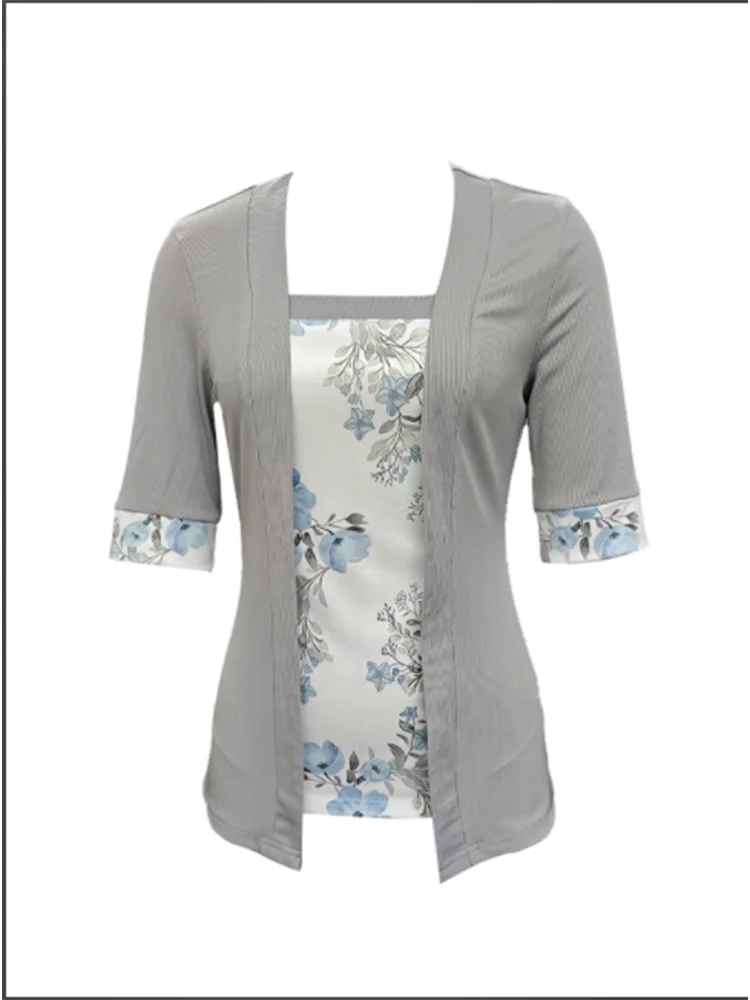 Casual Commuting Style Summer Top Women Print Splicing Solid Color Square Collar Fake Two-piece Set Short Sleeve T-shirt