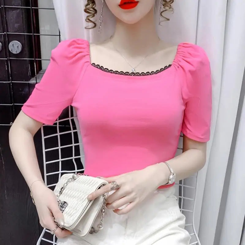 Short Sleeved T-shirt Women Summer Slim Fit and Versatile Short Lace Patchwork Square Neck Bubble Sleeve Top for Women Trendy