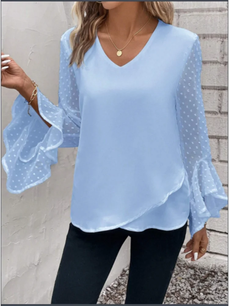 Elegant Autumn Top Solid Color V-Neck Long Sleeve Blouse Women's Fashion Commuting T-Shirt