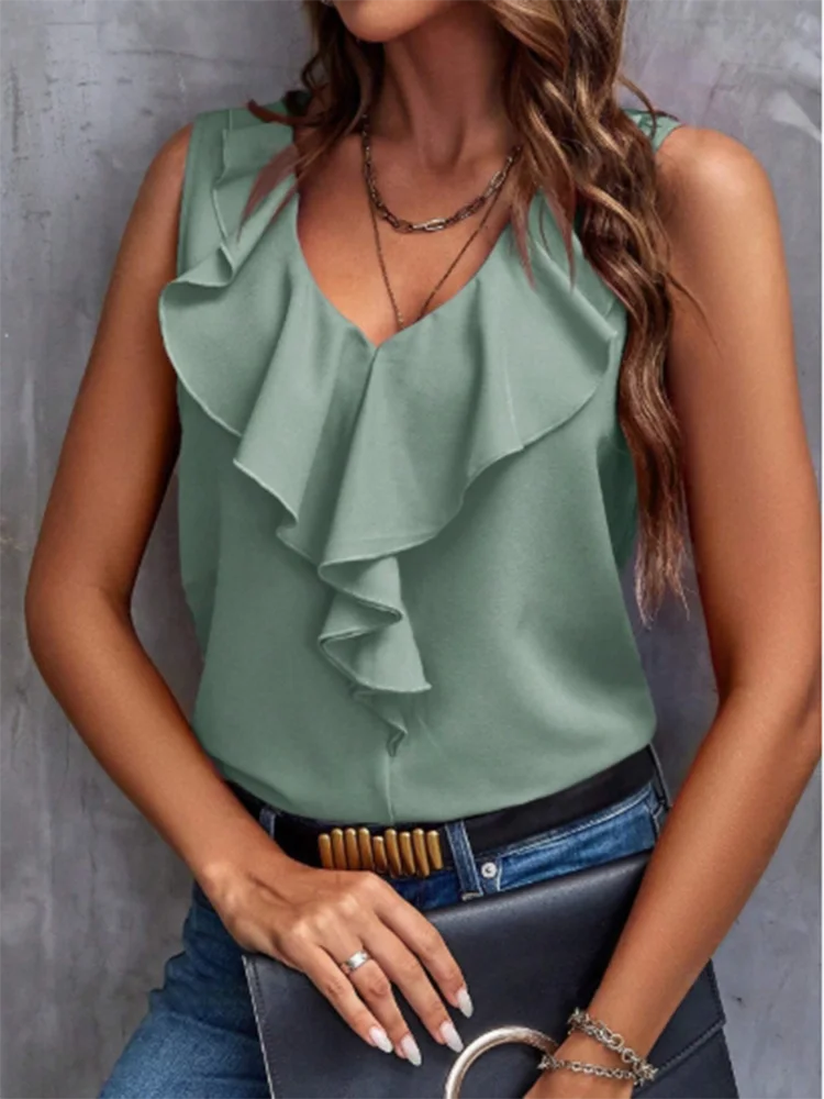V-neck Sleeveless Short Sleeved Solid Color Ruffled Women's Shirt Daily Elegance Freshness Sweet Style Summer Top