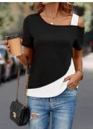 4-Color Patchwork Top female One Shoulder Short Sleeved Summer Fashion Casual T-Shirts