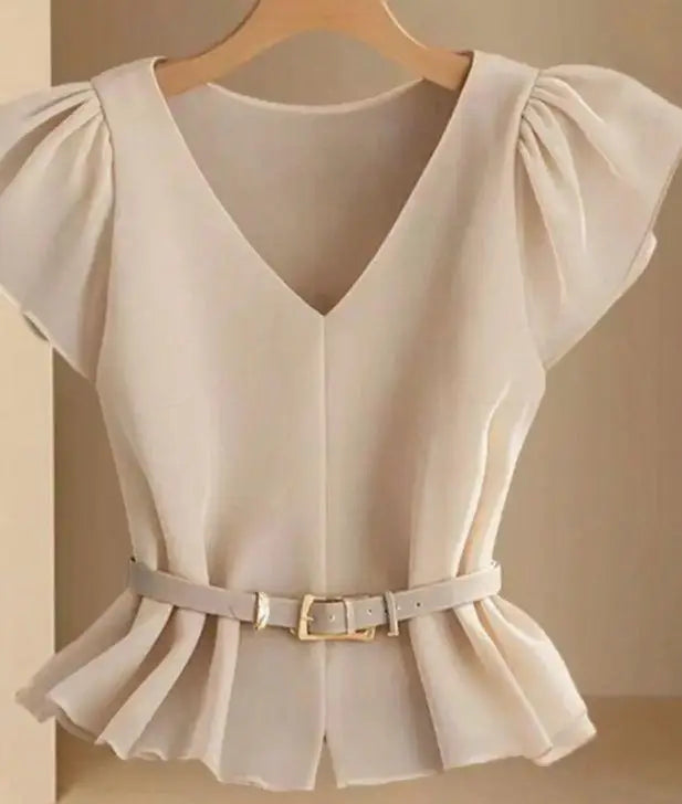 Women's Light Beige Lotus leaf sleeves Top with Deep V-Neck and Shoulder Ruffles Paired with a Light Gray Belt and Gold Buckle