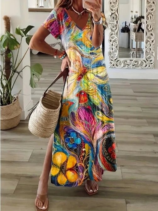 Chic T-Shirt Style Printed Maxi Dress Women Round Neck Short Sleeved Dresses Summer Casual Vacation Vestidos