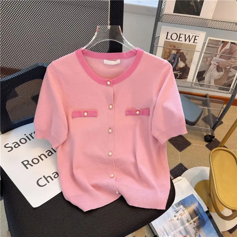 Xiaoxiangfeng Pearl Button Short-sleeved Knitted Cardigan for Women's Summer Thin Ice Silk T-shirt Top Beautiful Small Shirt