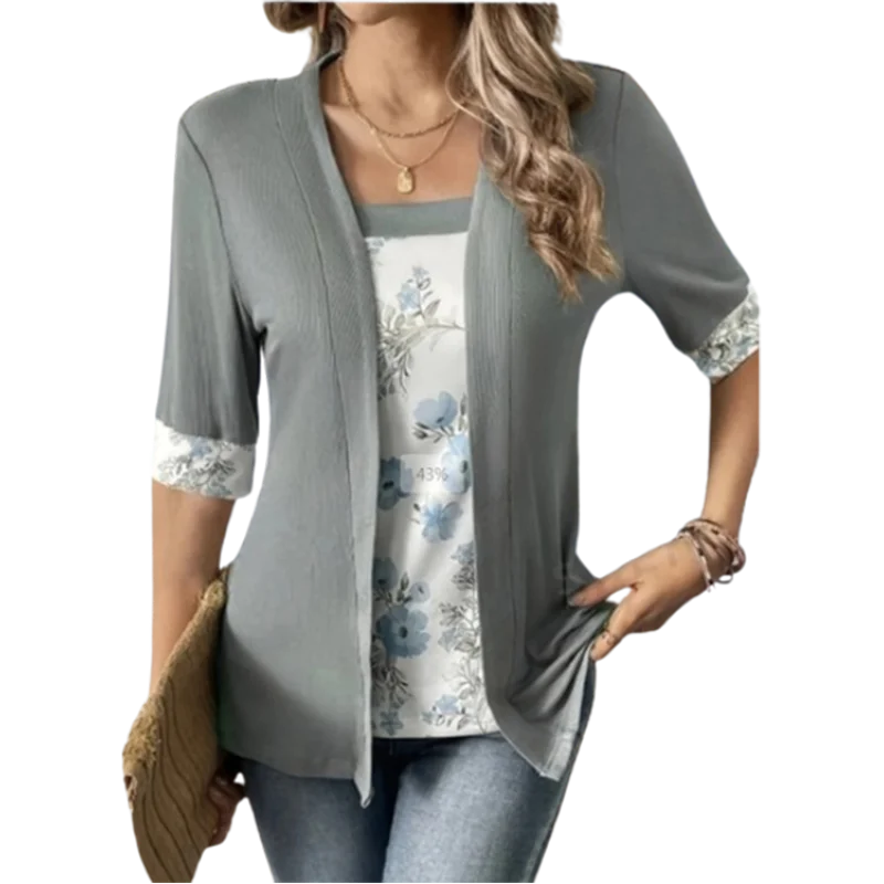 Casual Commuting Style Summer Top Women Print Splicing Solid Color Square Collar Fake Two-piece Set Short Sleeve T-shirt