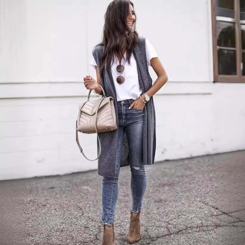 Woman Sleeveless Long Knit Cardigan Open Front Relaxed Fit Multi Color Options for Casual Chic Layering Looks Daily Wear