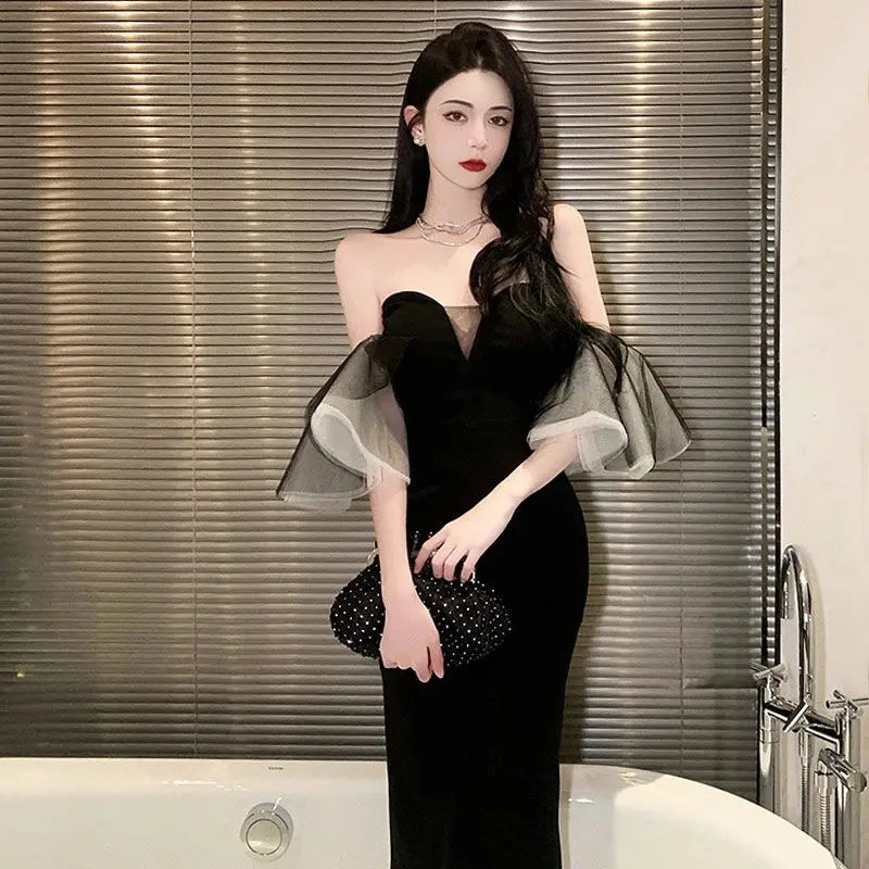 Hepburn Style Evening Dress Female Temperament Light Luxury Niche High-end French Sexy Black Stunning Strapless Dress