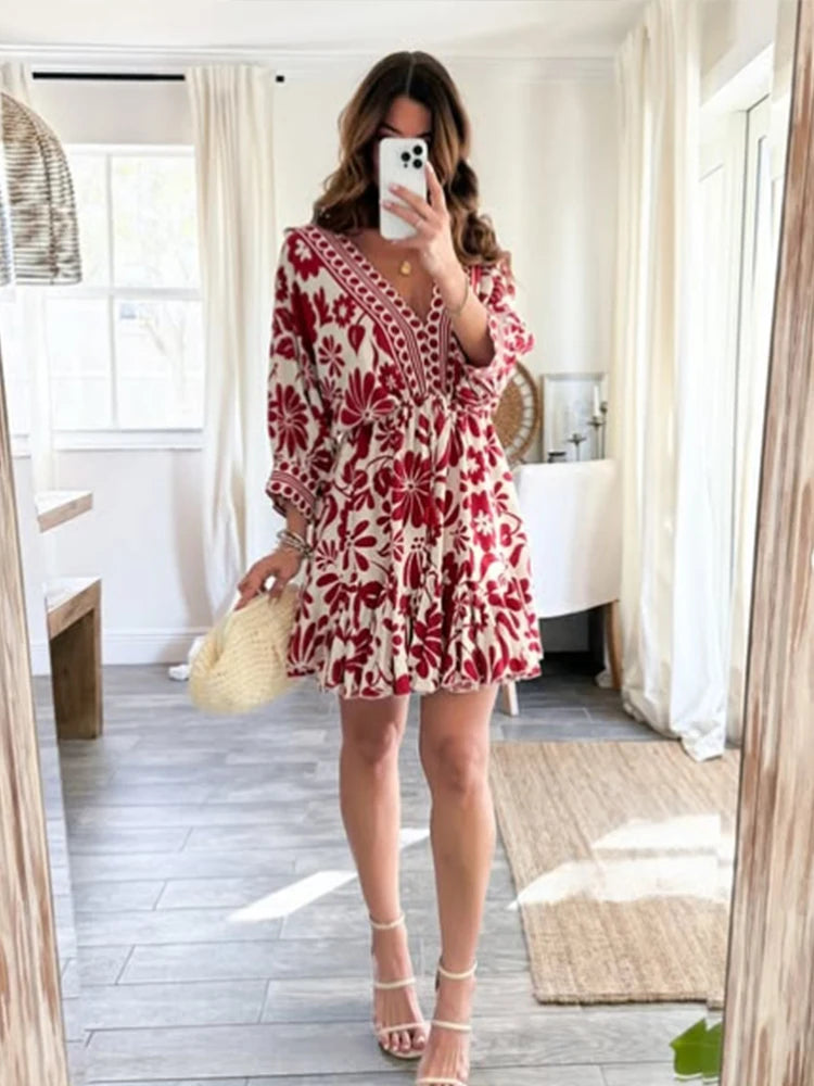 Women's Red and White Floral Print Dress Deep V-neck, Drawstring Waist Ruffled Hem Ideal for Beach Parties Bohemian style Outing