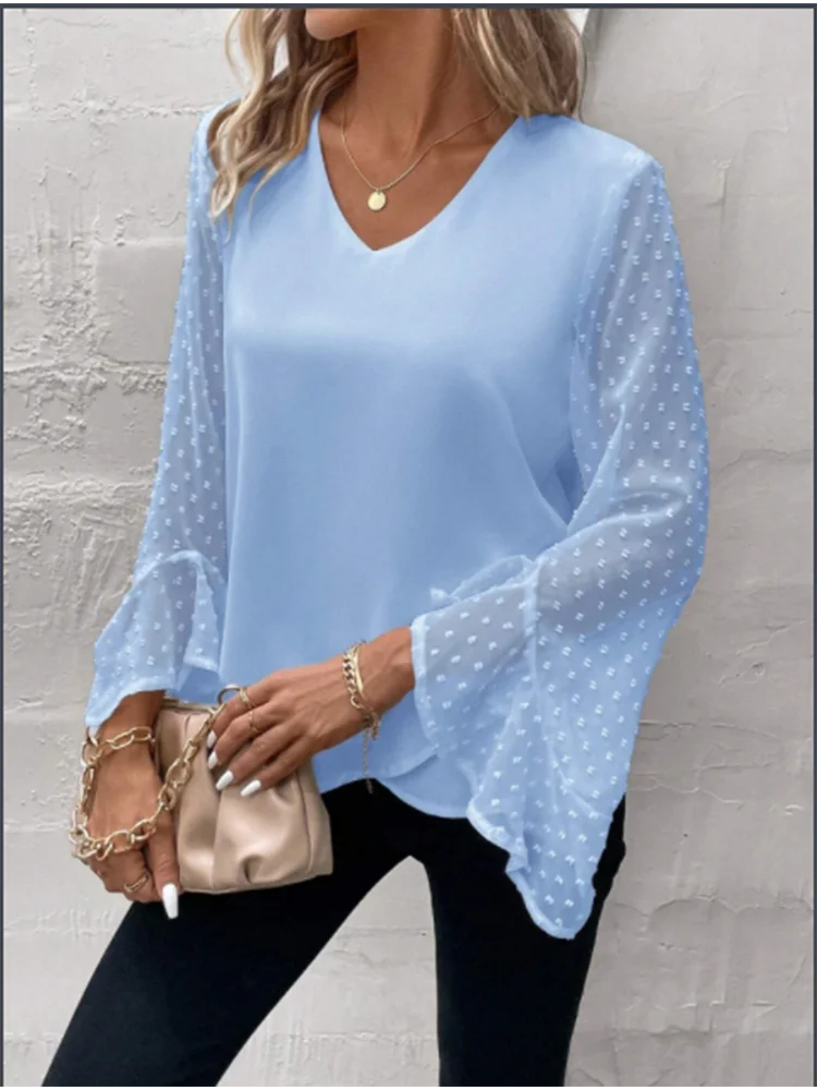 Elegant Autumn Top Solid Color V-Neck Long Sleeve Blouse Women's Fashion Commuting T-Shirt