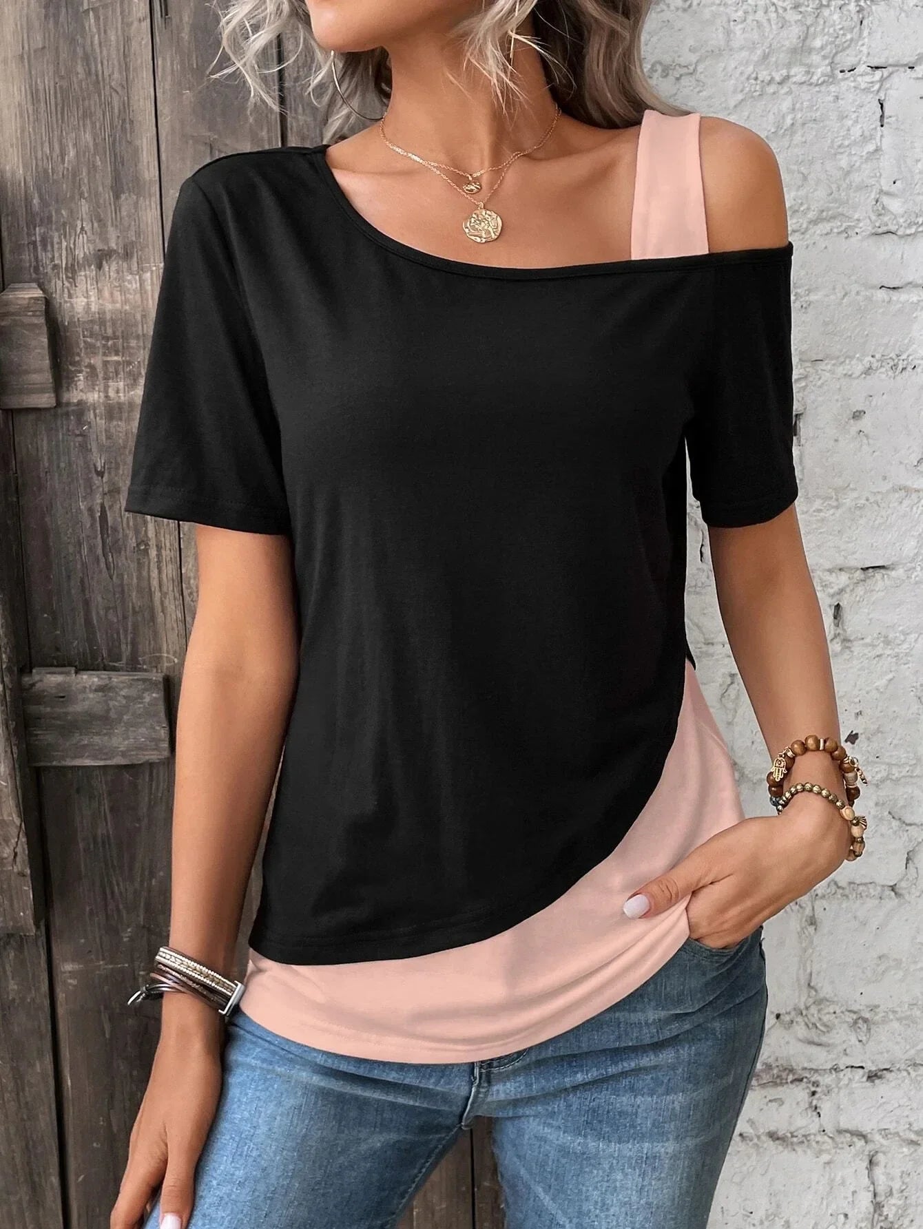 4-Color Patchwork Top female One Shoulder Short Sleeved Summer Fashion Casual T-Shirts