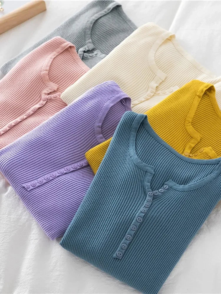 2025 Autumn Winter Button V Neck Sweater Women Basic Slim Pullover Women Sweaters And Pullovers Knit Jumper Soft Warm Tops