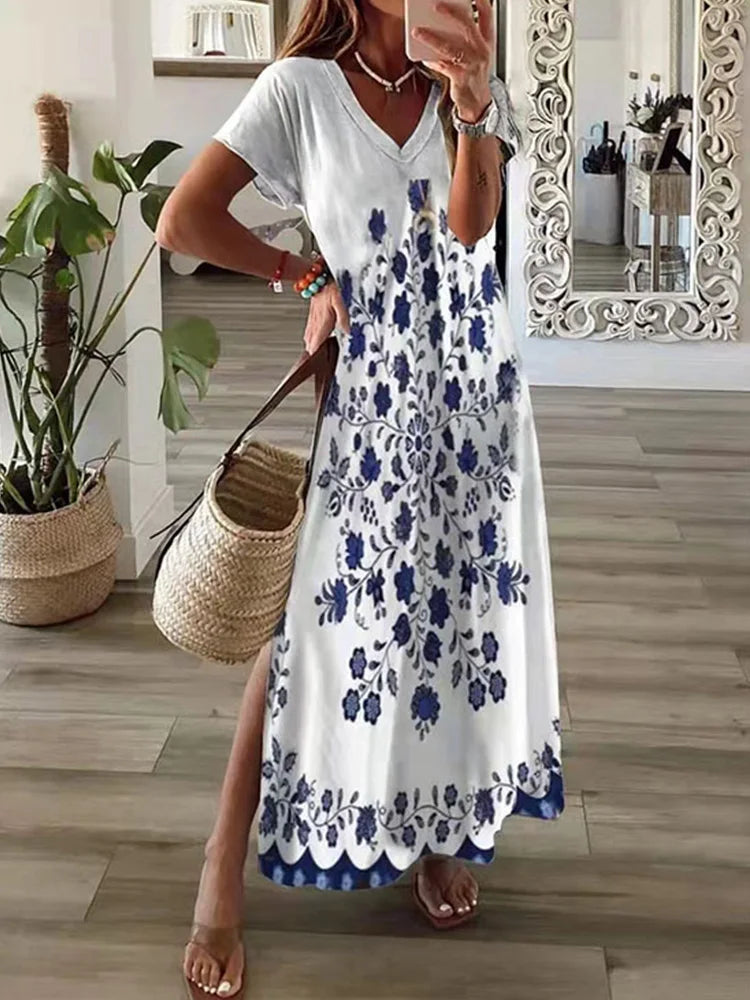 Chic T-Shirt Style Printed Maxi Dress Women Round Neck Short Sleeved Dresses Summer Casual Vacation Vestidos