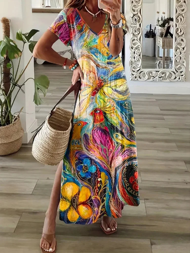Chic T-Shirt Style Printed Maxi Dress Women Round Neck Short Sleeved Dresses Summer Casual Vacation Vestidos