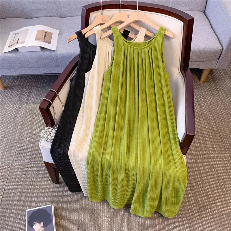 300 Catties Extra Large Size French Pleated Sleeveless Vest Dress for Women Fat MM Loose and Fashionable Temperament Slim Skirt