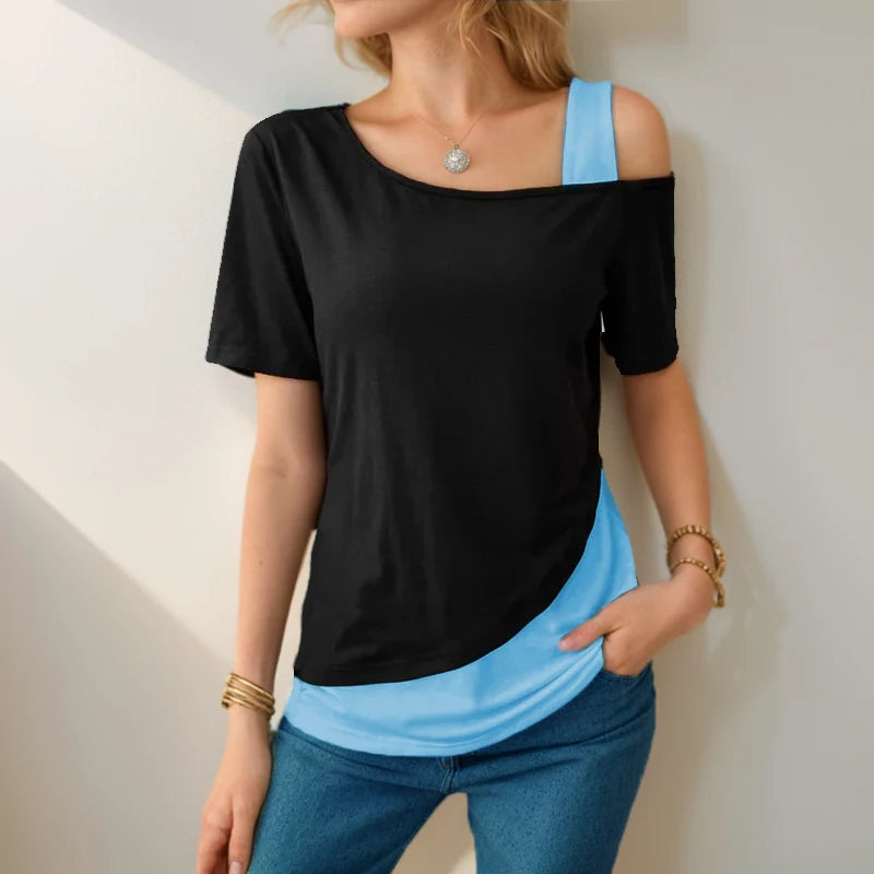 4-Color Patchwork Top female One Shoulder Short Sleeved Summer Fashion Casual T-Shirts