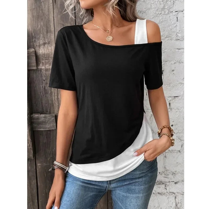 4-Color Patchwork Top female One Shoulder Short Sleeved Summer Fashion Casual T-Shirts
