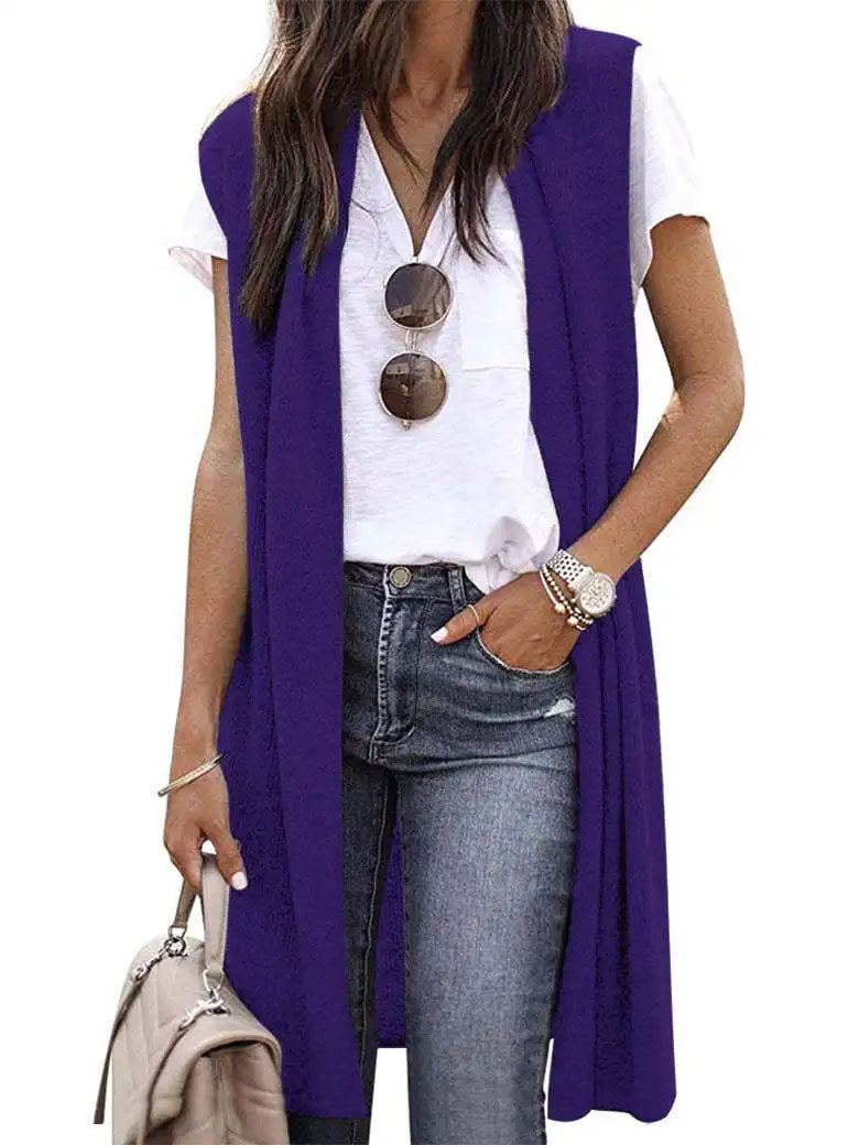 Woman Sleeveless Long Knit Cardigan Open Front Relaxed Fit Multi Color Options for Casual Chic Layering Looks Daily Wear