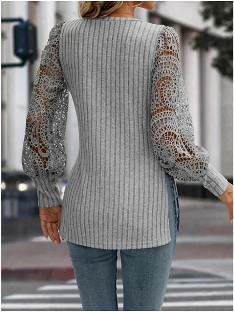 Lace Round Neck Long Sleeved Solid Color Casual Women's T-shirt Daily Versatile Elegant Commuting Style Autumn Top