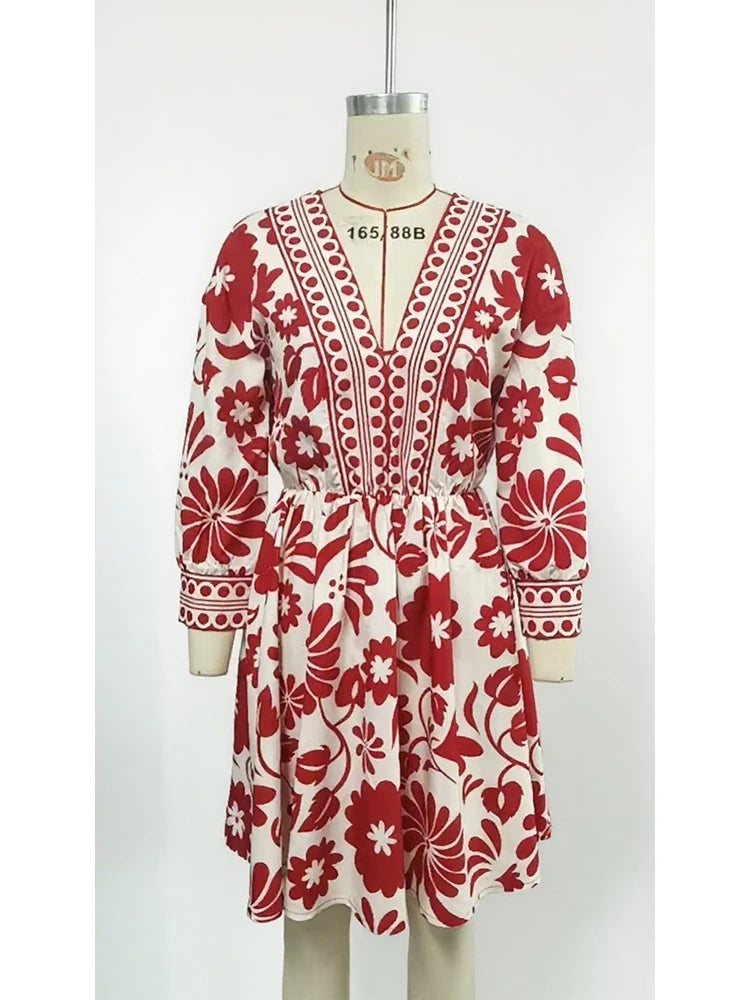Women's Red and White Floral Print Dress Deep V-neck, Drawstring Waist Ruffled Hem Ideal for Beach Parties Bohemian style Outing