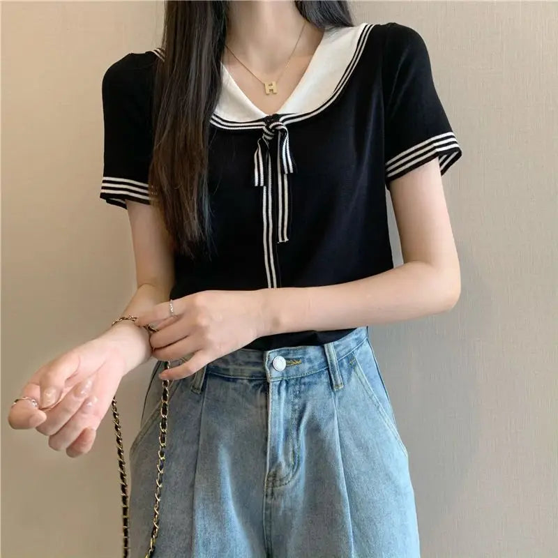 College Style Doll Collar Lace-up Knitted Short-sleeved T-shirt for Women in Summer Design Niche and Chic Loose Versatile Top