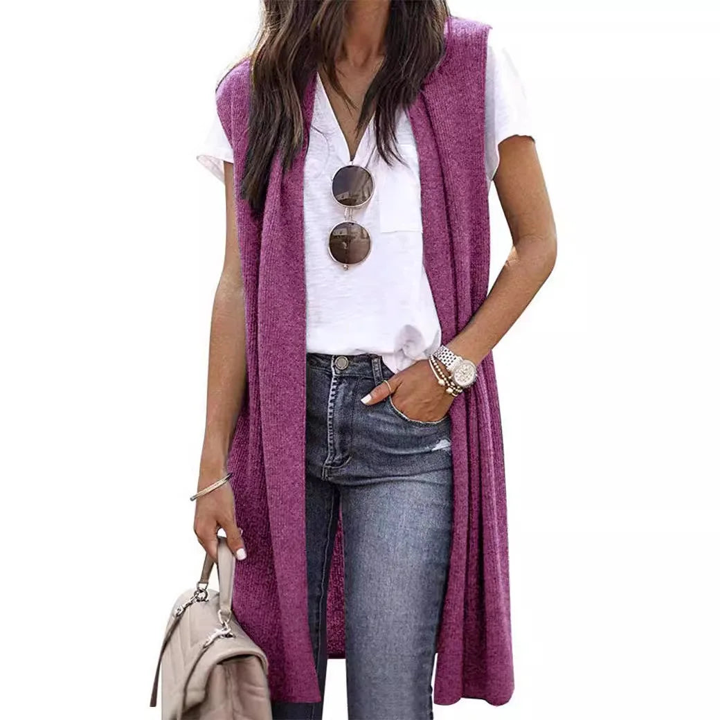 Woman Sleeveless Long Knit Cardigan Open Front Relaxed Fit Multi Color Options for Casual Chic Layering Looks Daily Wear