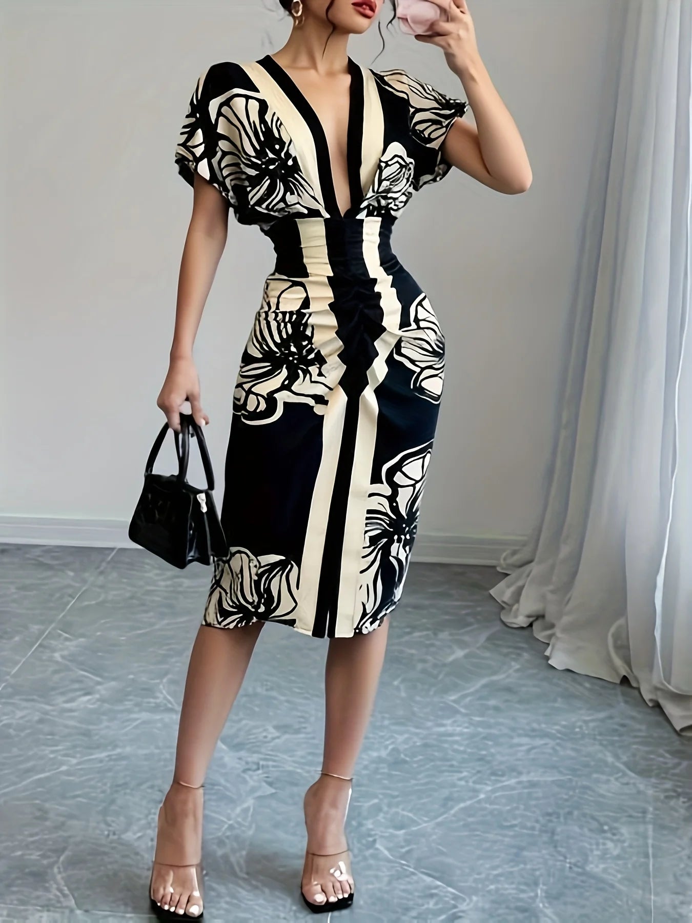 Women's Elegant Floral Dress Deep V Flutter Sleeves Midi Length Great for Special Occasions Dinner Dates Fashion-forward Looks