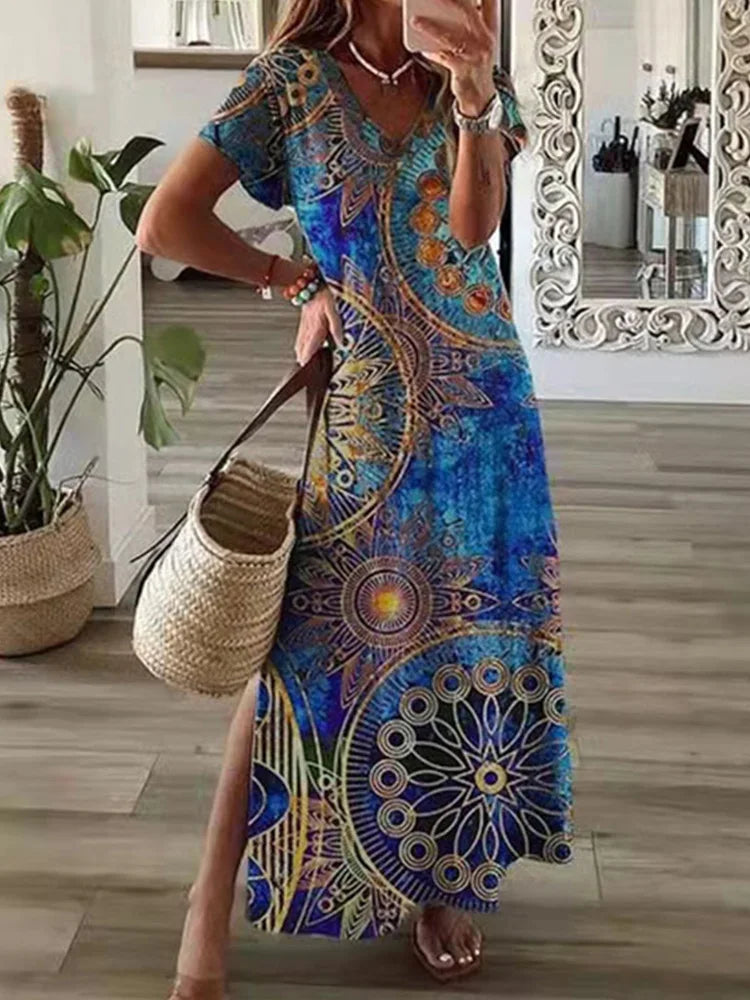Chic T-Shirt Style Printed Maxi Dress Women Round Neck Short Sleeved Dresses Summer Casual Vacation Vestidos
