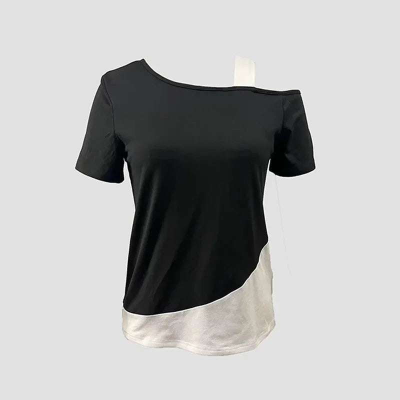 4-Color Patchwork Top female One Shoulder Short Sleeved Summer Fashion Casual T-Shirts