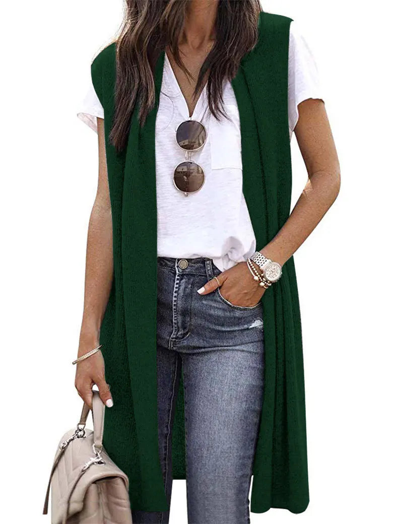 Woman Sleeveless Long Knit Cardigan Open Front Relaxed Fit Multi Color Options for Casual Chic Layering Looks Daily Wear