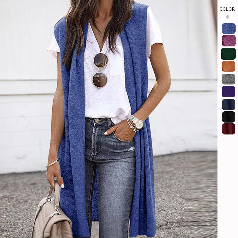 Woman Sleeveless Long Knit Cardigan Open Front Relaxed Fit Multi Color Options for Casual Chic Layering Looks Daily Wear