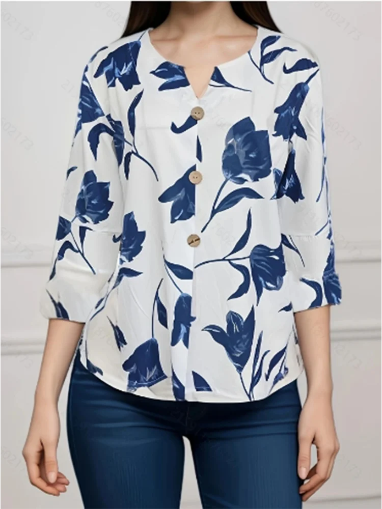 White Printed Long Sleeve Blouse Lady V-Neck Button Up Shirt Elegant Temperament Fashion Autumn Top
