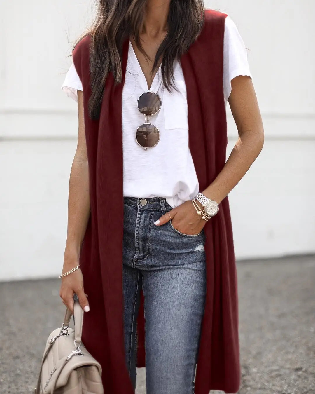 Woman Sleeveless Long Knit Cardigan Open Front Relaxed Fit Multi Color Options for Casual Chic Layering Looks Daily Wear
