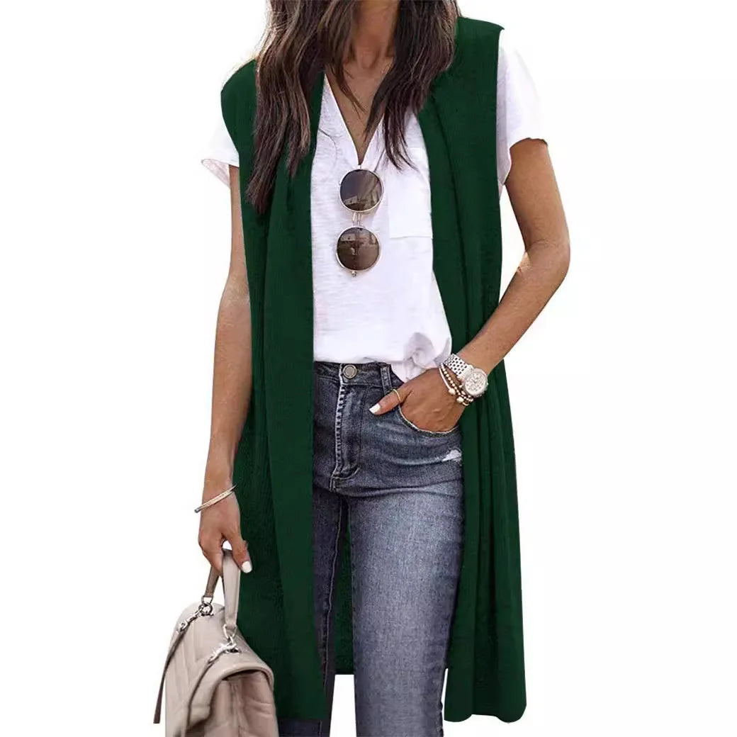 Woman Sleeveless Long Knit Cardigan Open Front Relaxed Fit Multi Color Options for Casual Chic Layering Looks Daily Wear