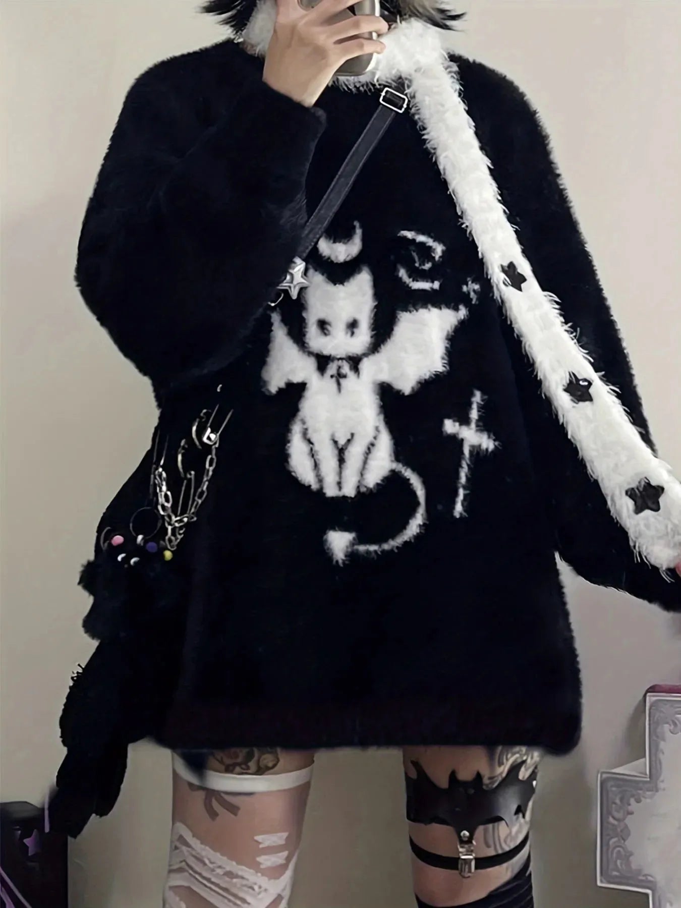 Harajuku Gothic Casual Oversized Knitted Jumpers Grunge Cartoon Sweater Fashion Knitwear Y2k Aesthetic Balack Loose Pullover