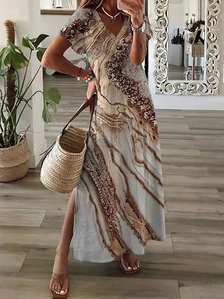 Chic T-Shirt Style Printed Maxi Dress Women Round Neck Short Sleeved Dresses Summer Casual Vacation Vestidos