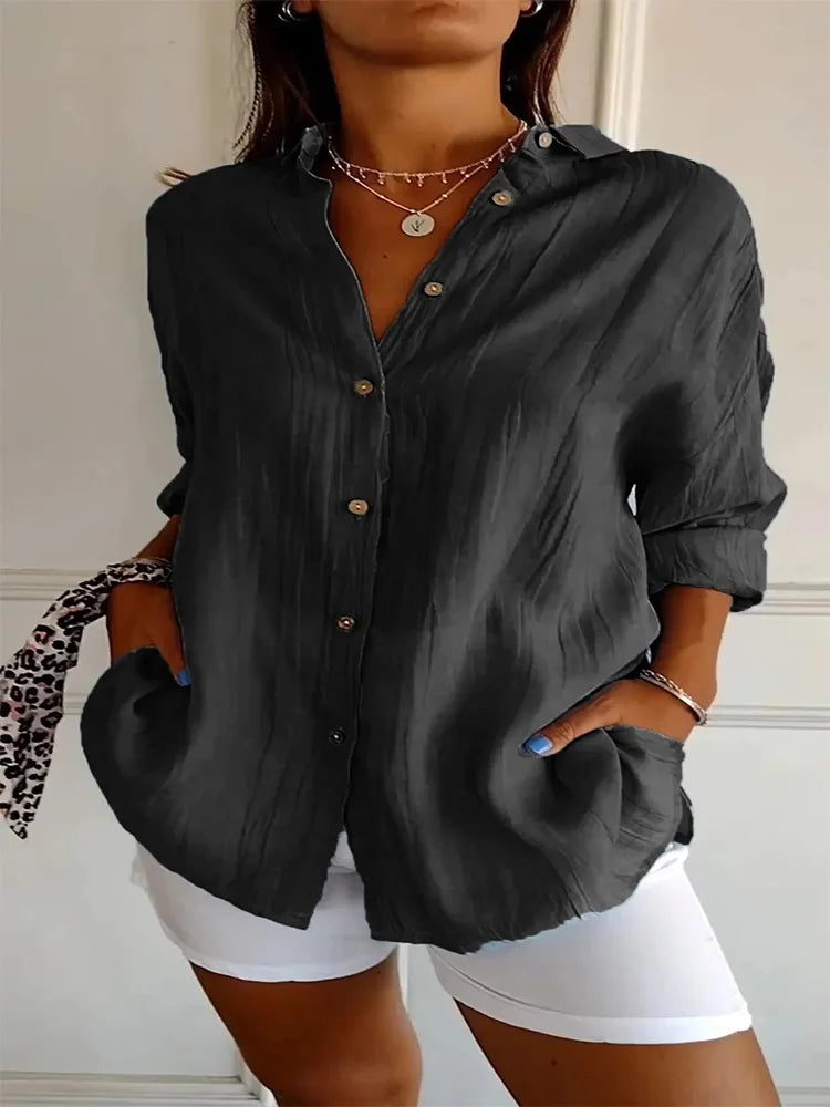 Minimalist Blouse Women's Stand Up Collar Button Long Sleeve Top Spring Autumn Casual Solid Color Clothes