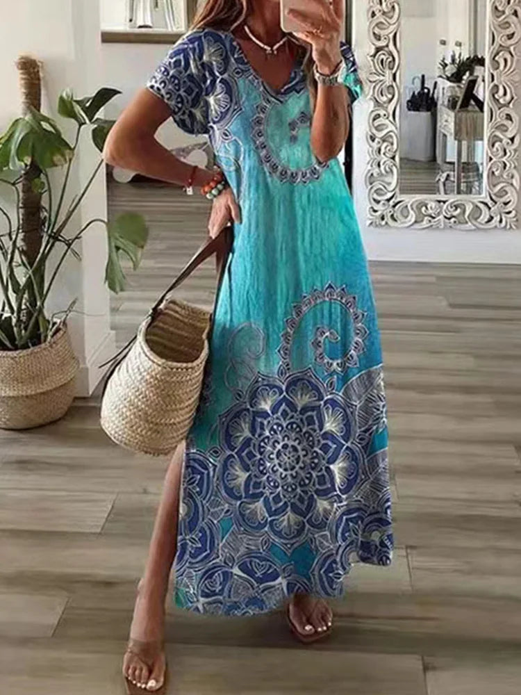 Chic T-Shirt Style Printed Maxi Dress Women Round Neck Short Sleeved Dresses Summer Casual Vacation Vestidos